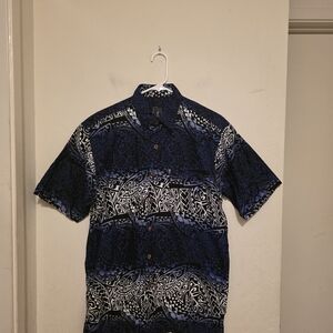 Tapa Stylish Navy Blue Tribal  Patterned  Casual Button Down Shirt Size Large